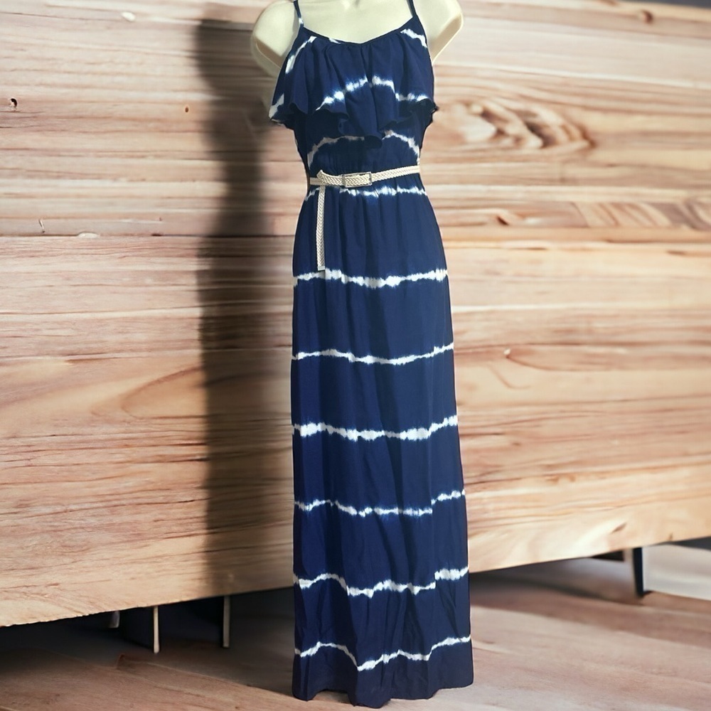 Iz Byer Boho Tie-Dye Maxi Dress Sleeveless Braided Belt Blue